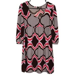 V1 Couture Mod Geometric Empire Waist Mini Dress Brown Pink 3/4 Sleeve Medium
